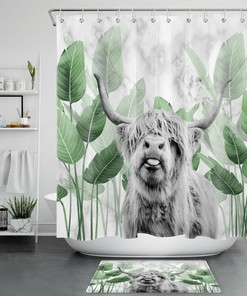 Highland Cow Bull Shower Curtain Funny Marble Tropical Green Leaves Bathroom