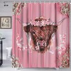 Highland Cow Bull Shower Curtain, Pink Farmhouse Floral Curtain for Western Wildlife Bathroom 