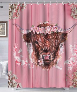 Highland Cow Bull Shower Curtain, Pink Farmhouse Floral Curtain for Western Wildlife Bathroom 