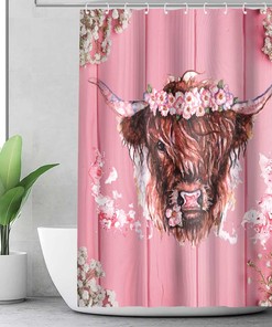 Highland Cow Bull Shower Curtain, Pink Farmhouse Floral Curtain for Western Wildlife Bathroom