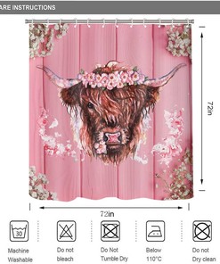 Highland Cow Bull Shower Curtain, Pink Farmhouse Floral Curtain for Western Wildlife Bathroom 