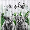 Highland Cow Bull Shower Curtain, Tropical Leaves and Marble Bathroom Decor 