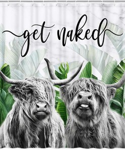 Highland Cow Bull Shower Curtain, Tropical Leaves and Marble Bathroom Decor 