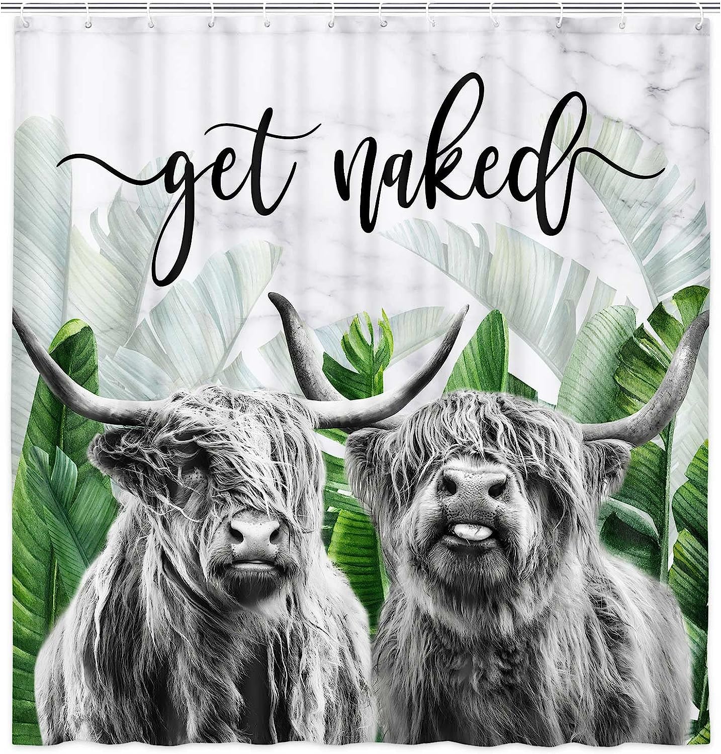 Highland Cow Bull Shower Curtain, Tropical Leaves and Marble Bathroom Decor