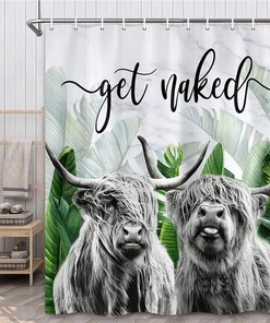 Highland Cow Bull Shower Curtain, Tropical Leaves and Marble Bathroom Decor