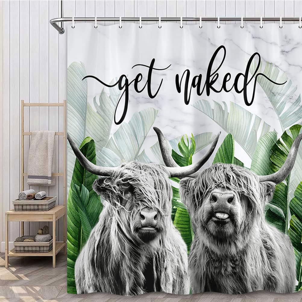 Highland Cow Bull Shower Curtain, Tropical Leaves and Marble Bathroom Decor