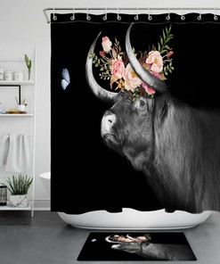 Highland Cow Butterfly Flower Shower Curtain - Rustic Farmhouse Bathroom Accessory 