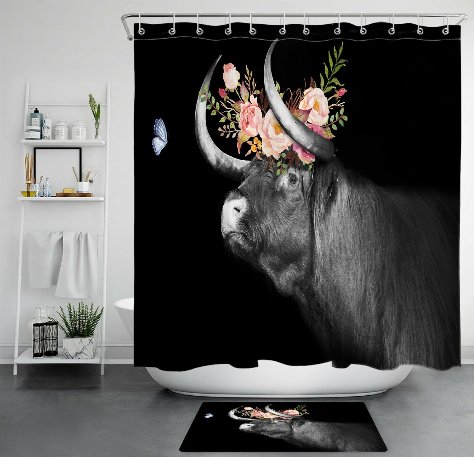 Highland Cow Butterfly Flower Shower Curtain - Rustic Farmhouse Bathroom Accessory