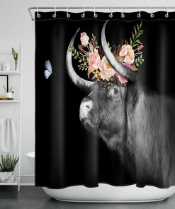 Highland Cow Butterfly Flower Shower Curtain - Rustic Farmhouse Bathroom Accessory
