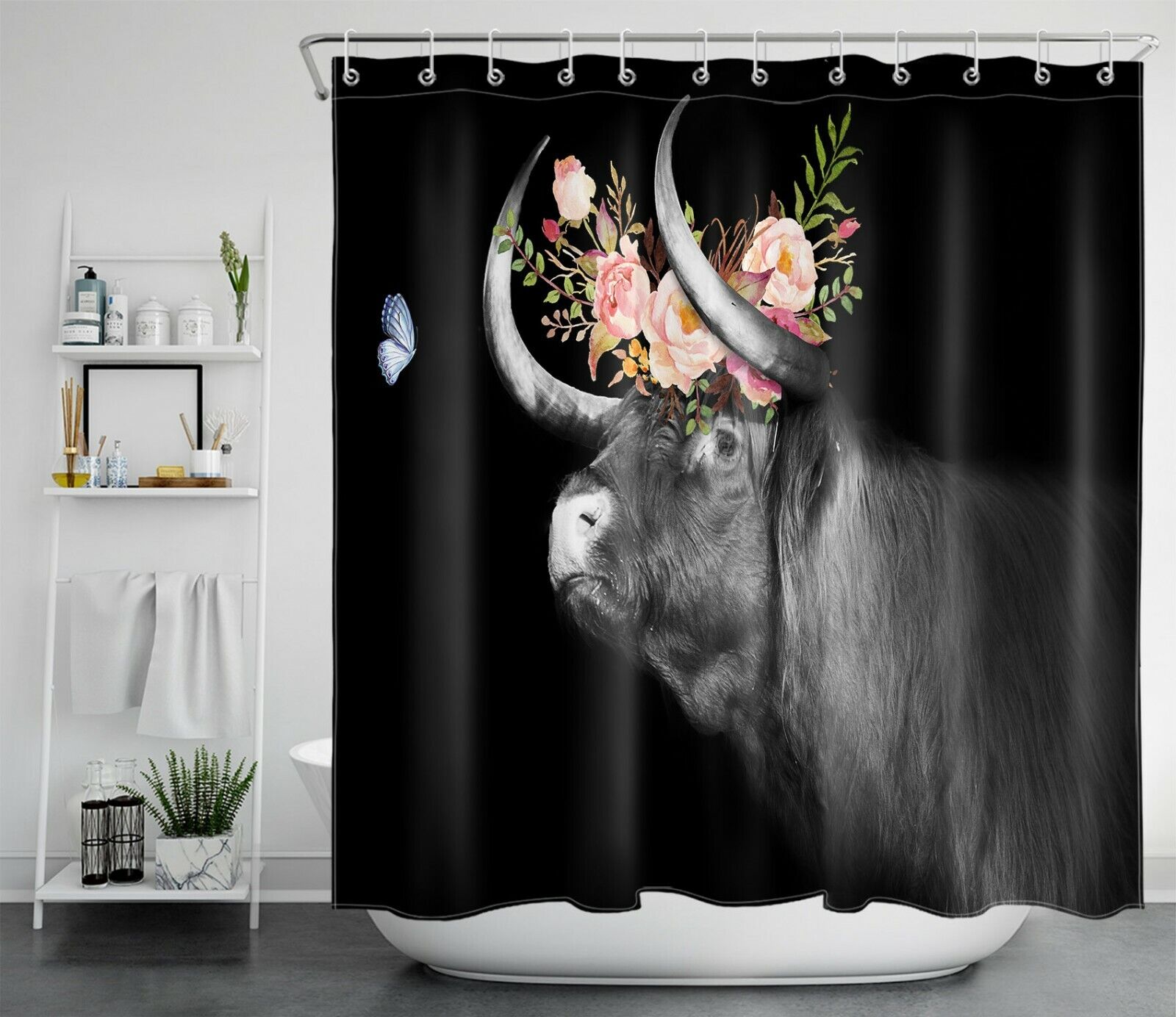 Highland Cow Butterfly Flower Shower Curtain - Rustic Farmhouse Bathroom Accessory