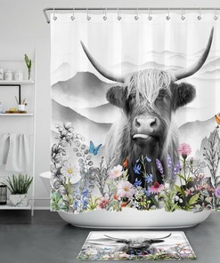 Highland Cow Butterfly and Flower Print Shower Curtain - Chic Rustic Bathroom Decor