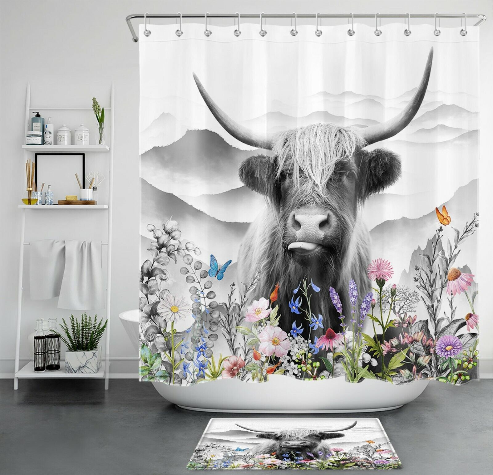Highland Cow Butterfly and Flower Print Shower Curtain - Chic Rustic Bathroom Decor