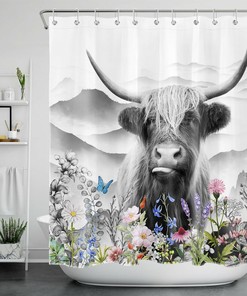Highland Cow Butterfly and Flower Print Shower Curtain - Chic Rustic Bathroom Decor