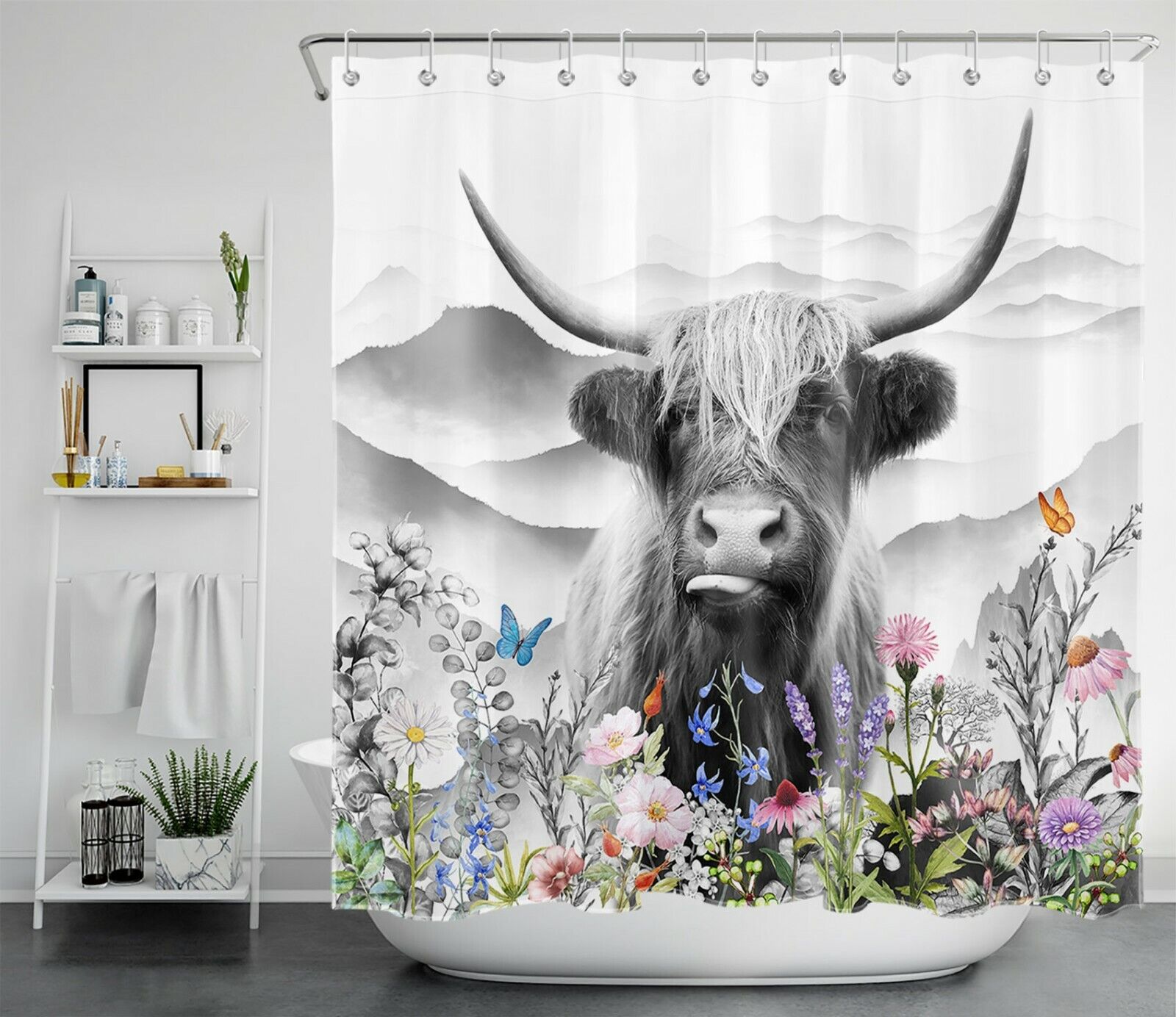 Highland Cow Butterfly and Flower Print Shower Curtain - Chic Rustic Bathroom Decor