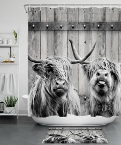 Highland Cow Farm Shower Curtain Rustic Board Bathroom Accessories
