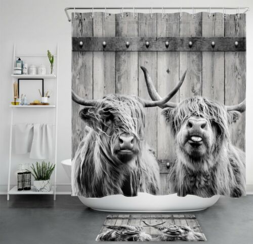 Highland Cow Farm Shower Curtain Rustic Board Bathroom Accessories