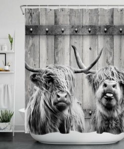 Highland Cow Farm Shower Curtain Rustic Board Bathroom Accessories