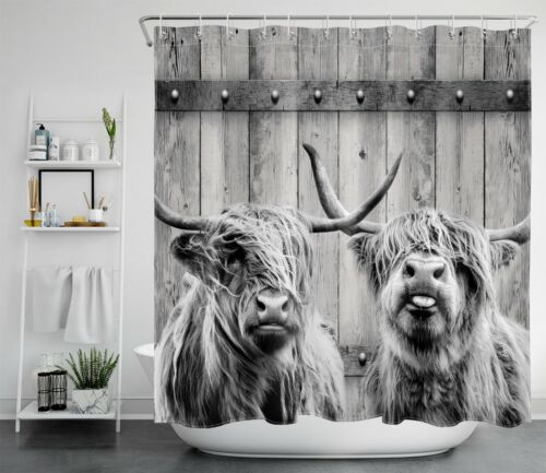 Highland Cow Farm Shower Curtain Rustic Board Bathroom Accessories
