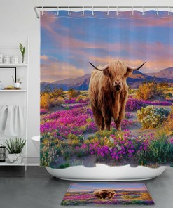 Highland Cow Farmhouse Fabric Shower Curtain With Beautiful Colorful Garden Design, Great Bathroom Accessory