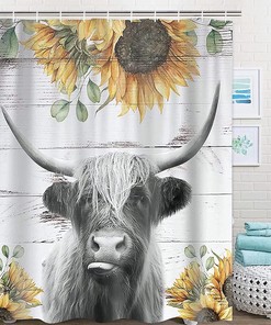Highland Cow Farmhouse Shower Curtain For Bathroom Decor Wooden Cow Waterproof Curtain