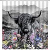 Highland Cow Farmhouse Shower Curtain With Wildflowers And Mountain Rustic Western Grey Curtains For Bathroom Decor