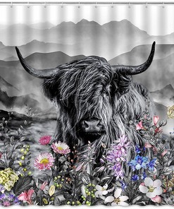 Highland Cow Farmhouse Shower Curtain With Wildflowers And Mountain Rustic Western Grey Curtains For Bathroom Decor