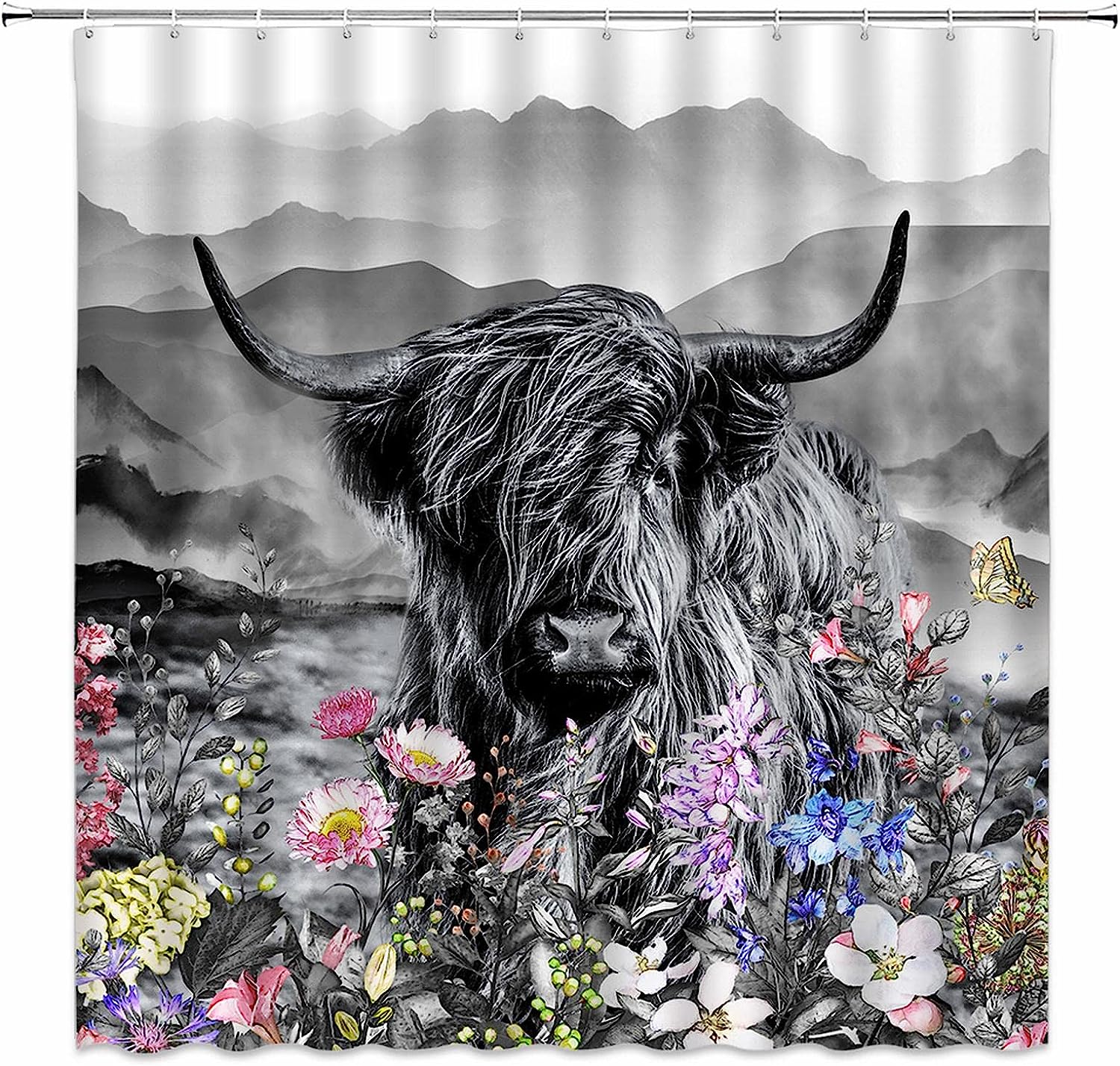 Highland Cow Farmhouse Shower Curtain With Wildflowers And Mountain Rustic Western Grey Curtains For Bathroom Decor