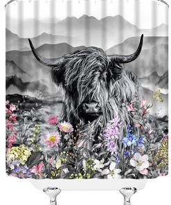 Highland Cow Farmhouse Shower Curtain With Wildflowers And Mountain Rustic Western Grey Curtains For Bathroom Decor
