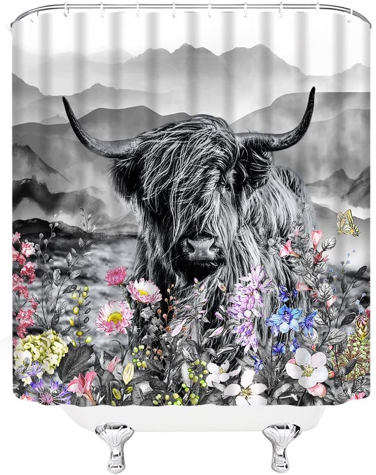 Highland Cow Farmhouse Shower Curtain With Wildflowers And Mountain Rustic Western Grey Curtains For Bathroom Decor