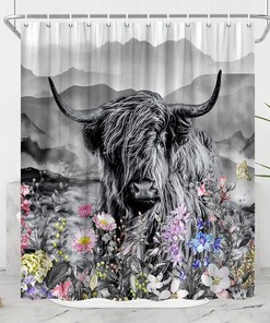 Highland Cow Farmhouse Shower Curtain With Wildflowers And Mountain Rustic Western Grey Curtains For Bathroom Decor