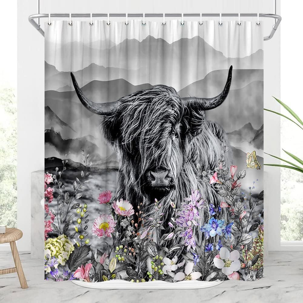 Highland Cow Farmhouse Shower Curtain With Wildflowers And Mountain Rustic Western Grey Curtains For Bathroom Decor