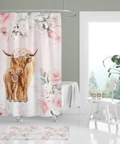 Highland Cow Floral Pink Shower Curtain For Bathroom Decor