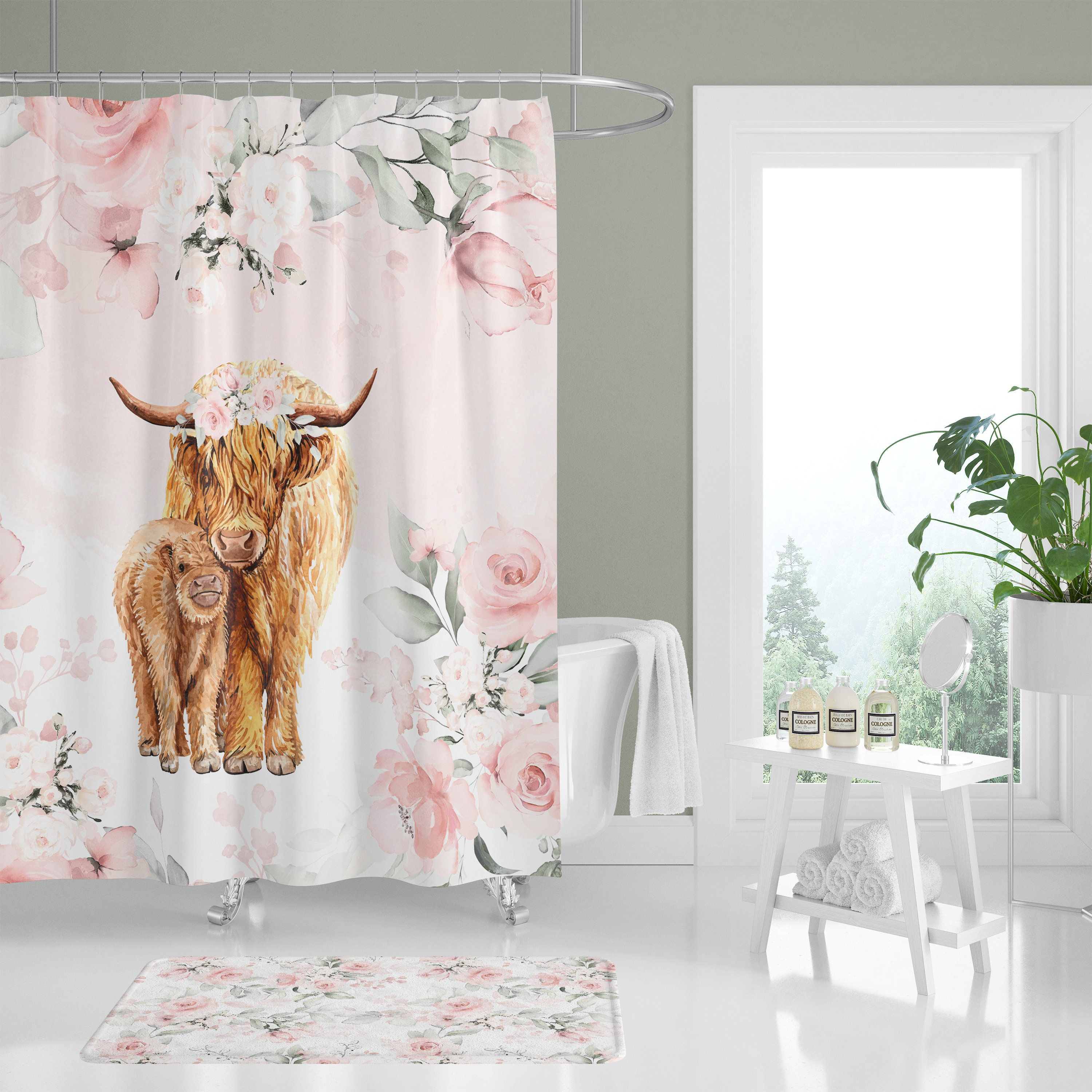 Highland Cow Floral Pink Shower Curtain For Bathroom Decor