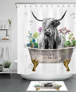 Highland Cow Flower Farmhouse Waterproof Shower Curtain For Bathroom