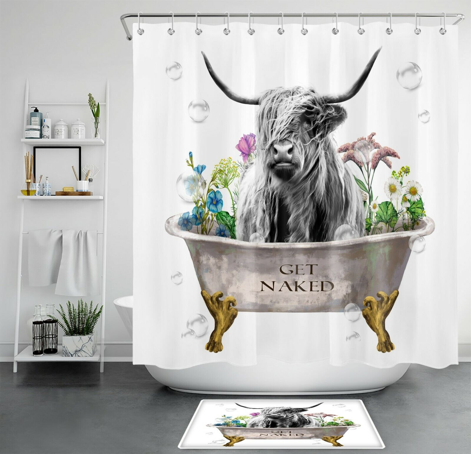 Highland Cow Flower Farmhouse Waterproof Shower Curtain For Bathroom