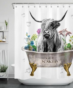 Highland Cow Flower Farmhouse Waterproof Shower Curtain For Bathroom