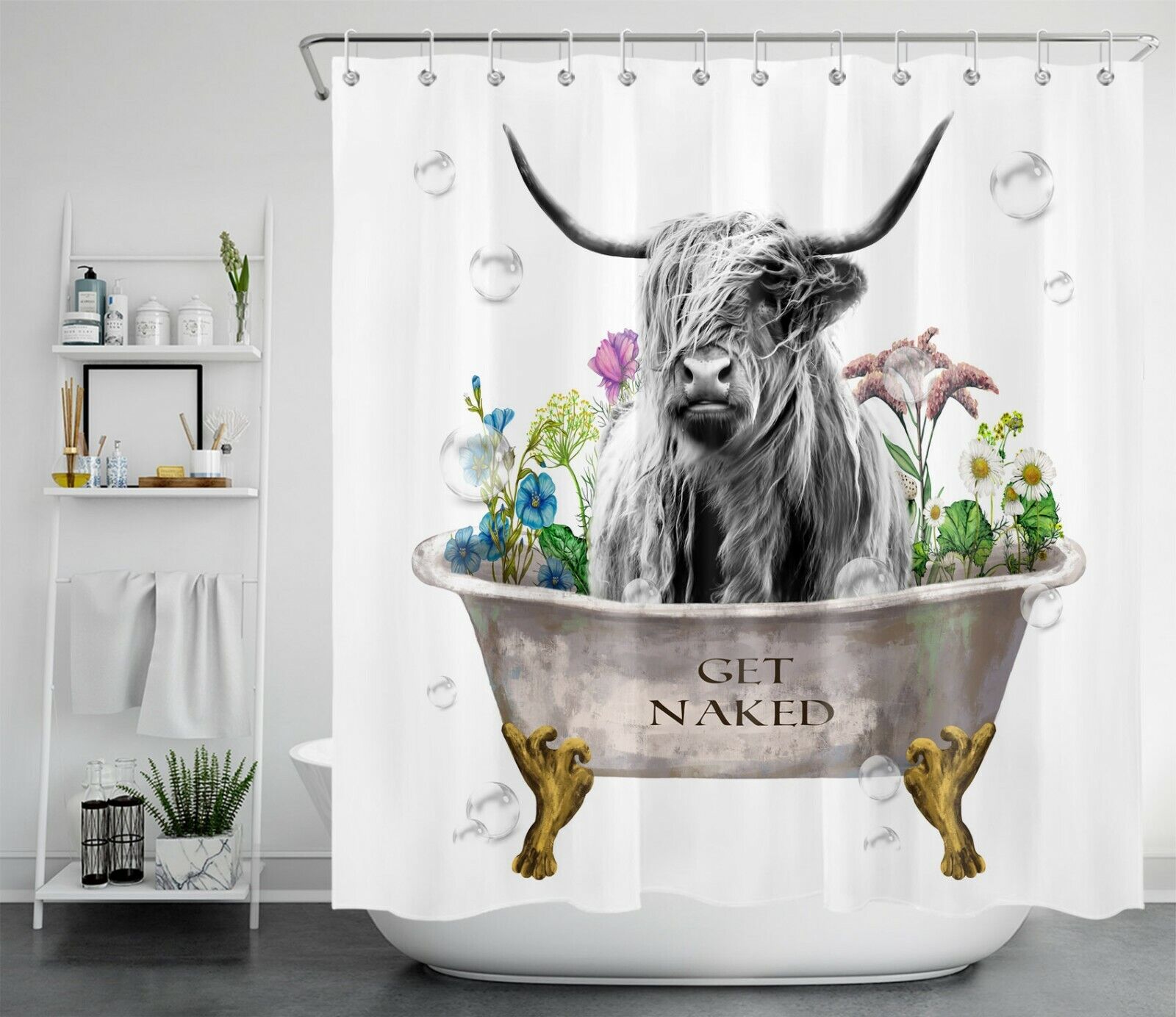 Highland Cow Flower Farmhouse Waterproof Shower Curtain For Bathroom