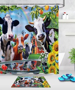 Highland Cow Flower Retro Rustic Planks Shower Curtain Bathroom Decor 