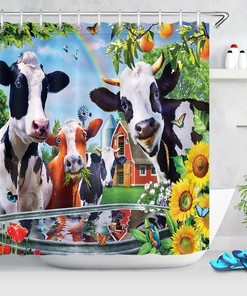 Highland Cow Flower Retro Rustic Planks Shower Curtain Bathroom Decor
