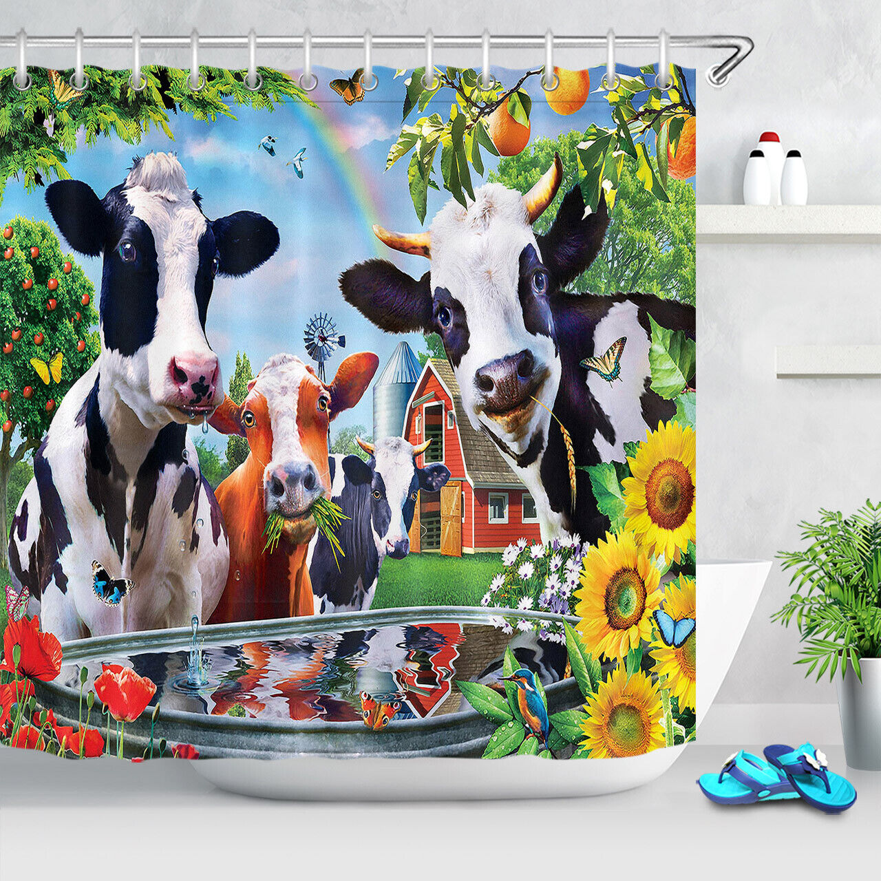 Highland Cow Flower Retro Rustic Planks Shower Curtain Bathroom Decor