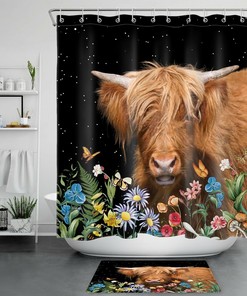 Highland Cow Flower Shower Curtain - Add Color And Fun To Your Bathroom