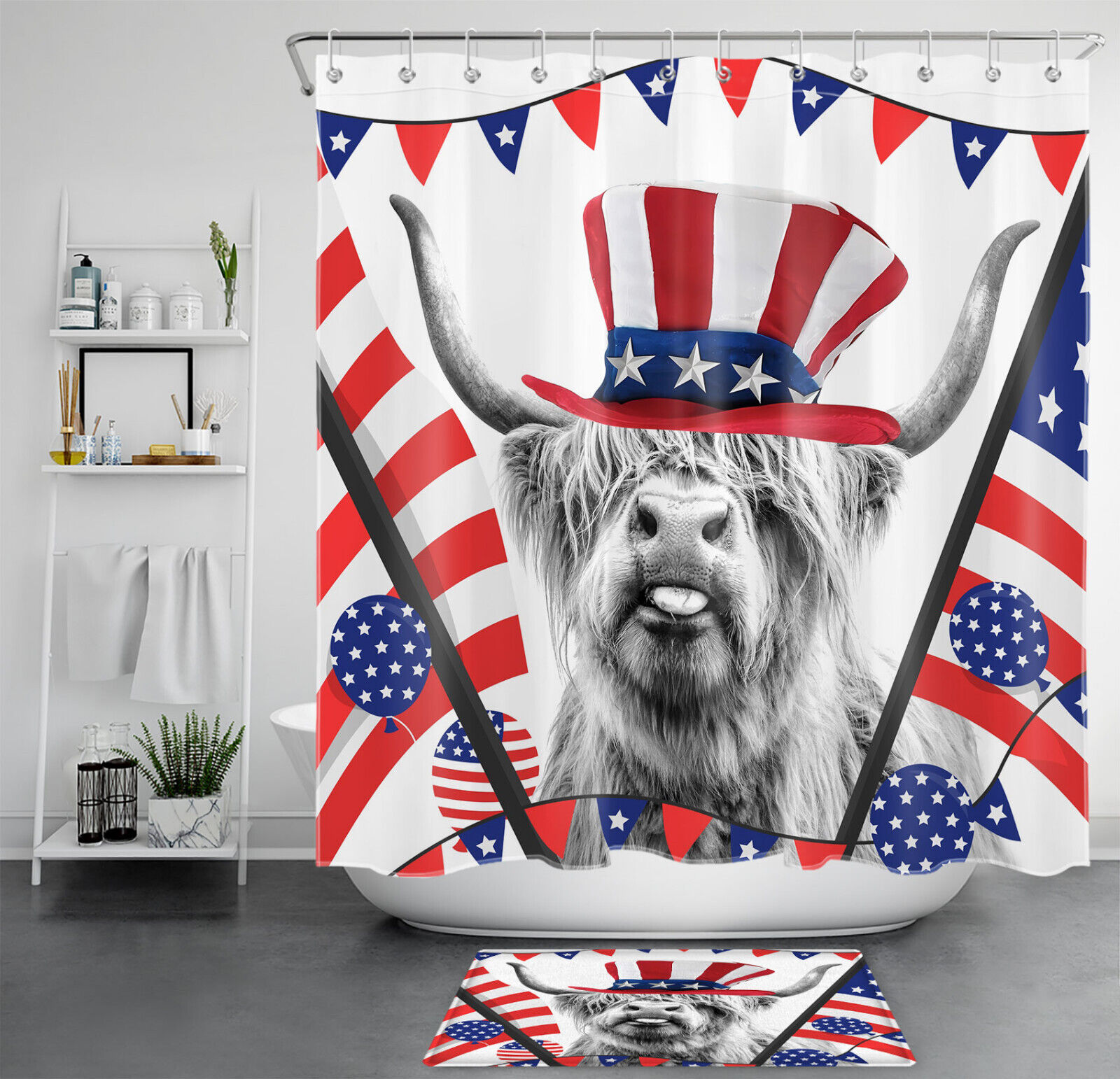 Highland Cow Independence Day Shower Curtain For Bathroom Decor