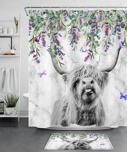 Highland Cow Marble Shower Curtain With Botanical Lavender - Creates A Dreamy And Whimsical Atmosphere In Your Bathroom