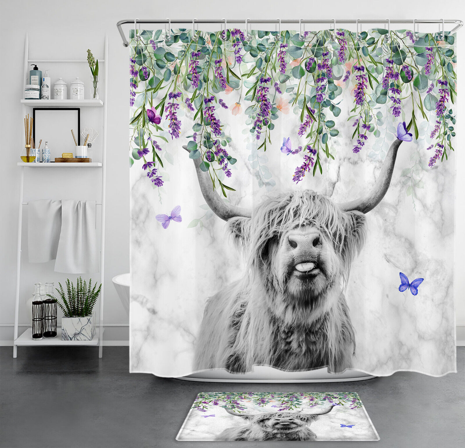 Highland Cow Marble Shower Curtain With Botanical Lavender - Creates A Dreamy And Whimsical Atmosphere In Your Bathroom