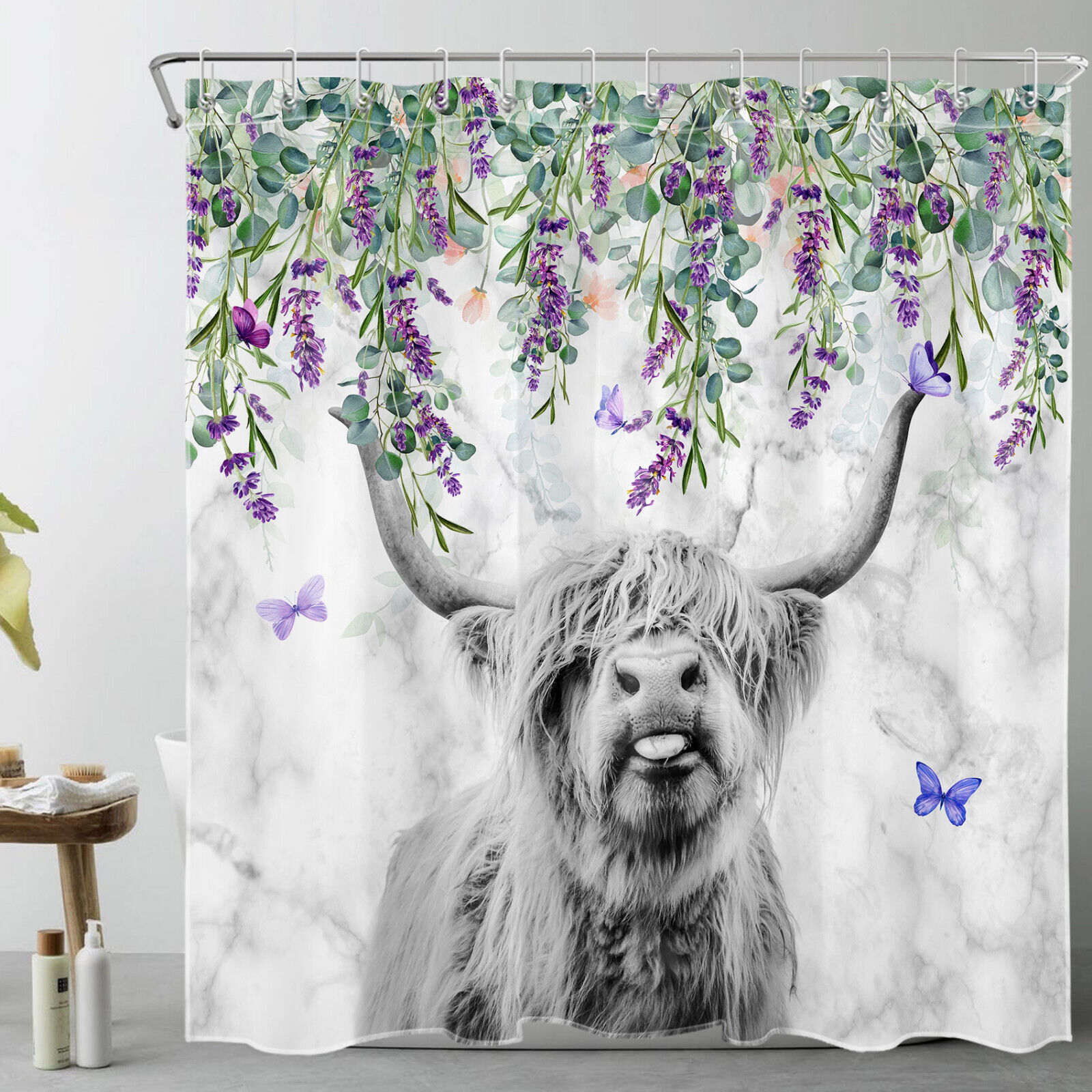 Highland Cow Marble Shower Curtain With Botanical Lavender - Creates A Dreamy And Whimsical Atmosphere In Your Bathroom - Image 2