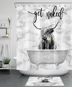 Highland Cow Marble Texture Funny Words Waterproof Shower Curtain for Bathroom