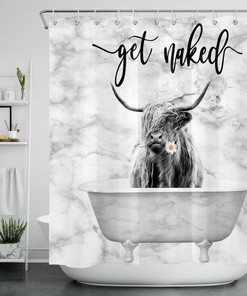Highland Cow Marble Texture Funny Words Waterproof Shower Curtain for Bathroom