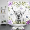 Highland Cow Marble Texture Shower Curtain in Purple Floral Design