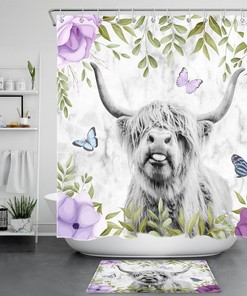 Highland Cow Marble Texture Shower Curtain in Purple Floral Design