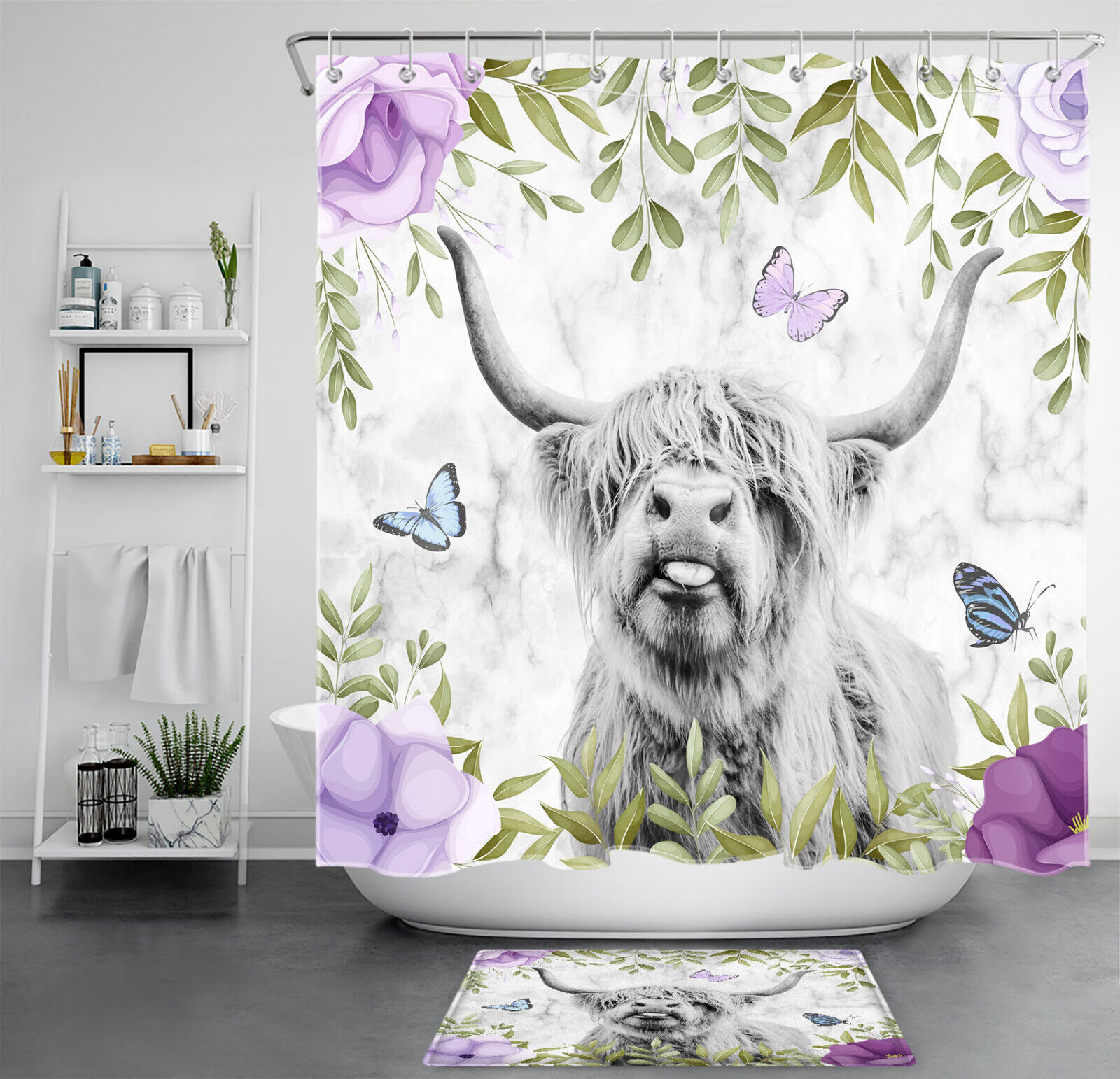 Highland Cow Marble Texture Shower Curtain in Purple Floral Design